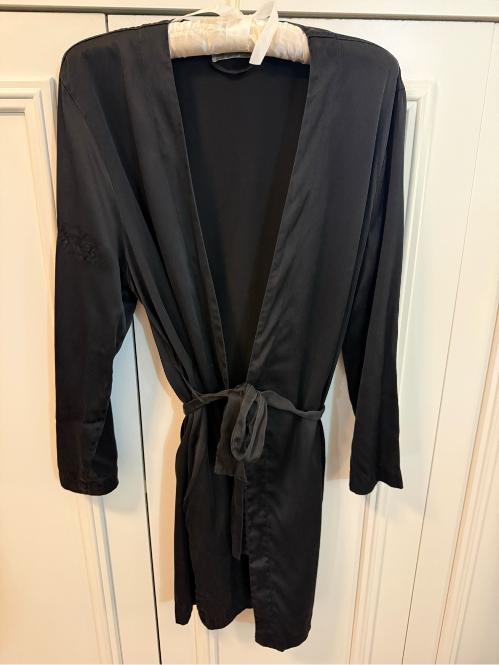 Luna di Seta Italian 100% Pure Silk Washable Black Kimono Wrap Duster Size M